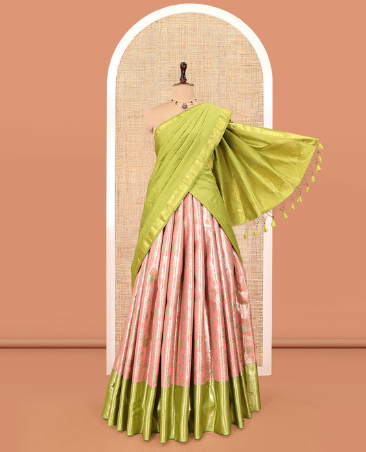 Peach Art Silk Material Half Saree Set, Delicately Woven with Jacquard Design Skirt, a Contrast Traditional Zari Design Border, Contrast Blouse, and an Intricate Dhavani