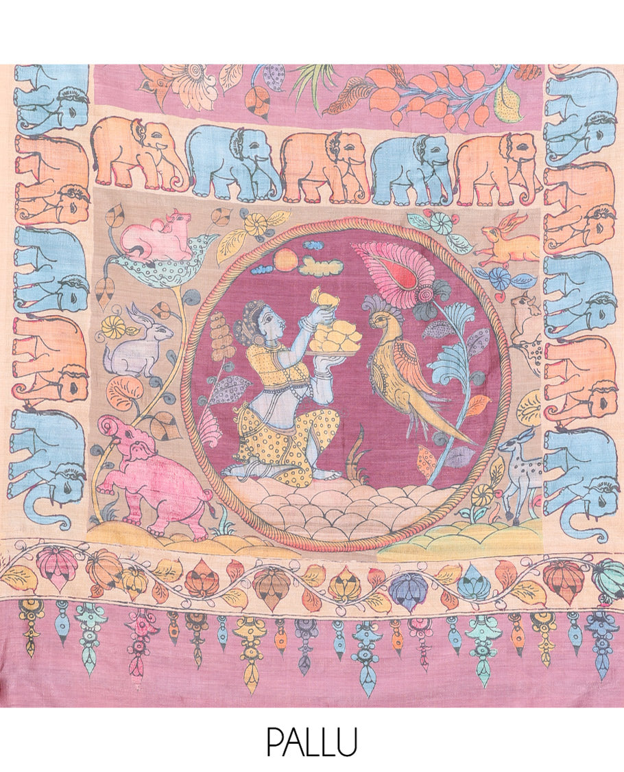 Pink Fancy Tussar Saree Features Kalamkari Floral and Animal Print, Contrast Elephant Border, Kalamkari Pallu, and a Contrast Blouse