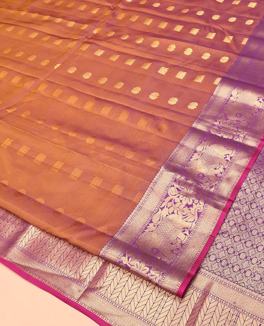 Brown Vasundhara Lite Silk Mix Saree, Subtly Sparkled With Zari Buttas All Over Its Body, Complemented by Mayil Kann And Yaanai Designs, Grand Jaal Pallu and Paired with a Contrast Blouse