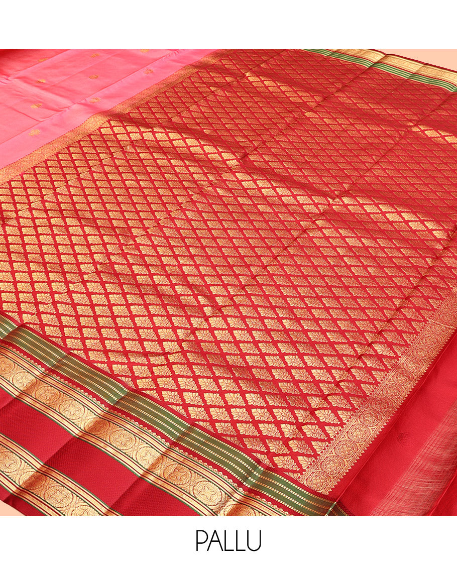 Pink Kanchipuram Silk Saree, Mesmerized with Buttas, Contrast Border of Muthu, Kathir, and Chakram Designs, Pallu of Intricate Design, and a Contrast Blouse
