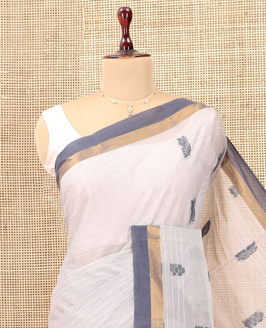 Grey Kanchi Cotton Saree, Woven with Floral Buttas and Stripes, a Contrast Border, Paisley Pallu, and a Matching Blouse