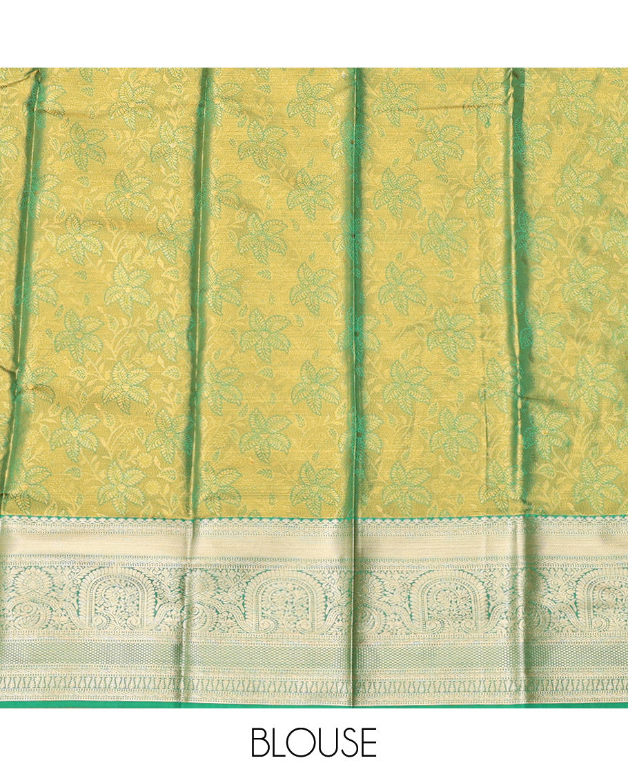 Green Art Silk Half-Saree, Bedecked with Leaf Jacquard Design, Contrast Traditional Zari Border, and Paired with a Matching Blouse