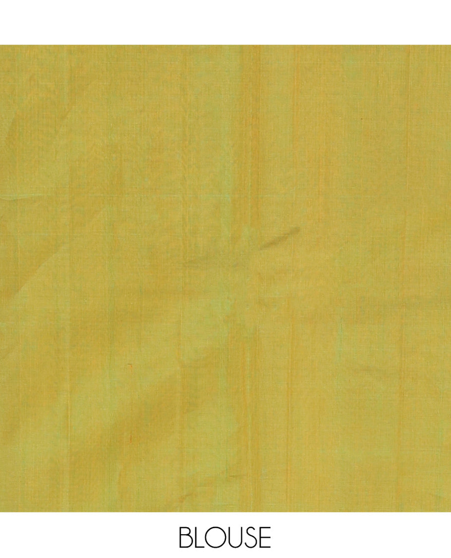 Yellow Silk Cotton Saree, Embellished with Zari Buttas, a Subtle Contrast Piping Zari Border, Grand Pallu, and a Contrast Blouse
