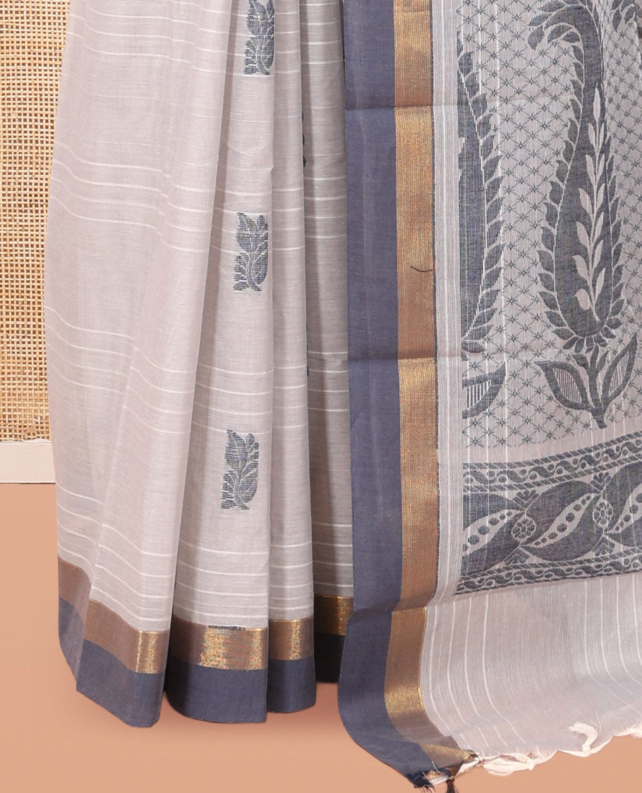 Grey Kanchi Cotton Saree, Woven with Floral Buttas and Stripes, a Contrast Border, Paisley Pallu, and a Matching Blouse