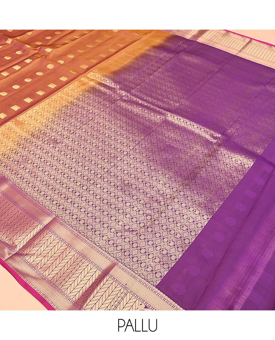 Brown Vasundhara Lite Silk Mix Saree, Subtly Sparkled With Zari Buttas All Over Its Body, Complemented by Mayil Kann And Yaanai Designs, Grand Jaal Pallu and Paired with a Contrast Blouse