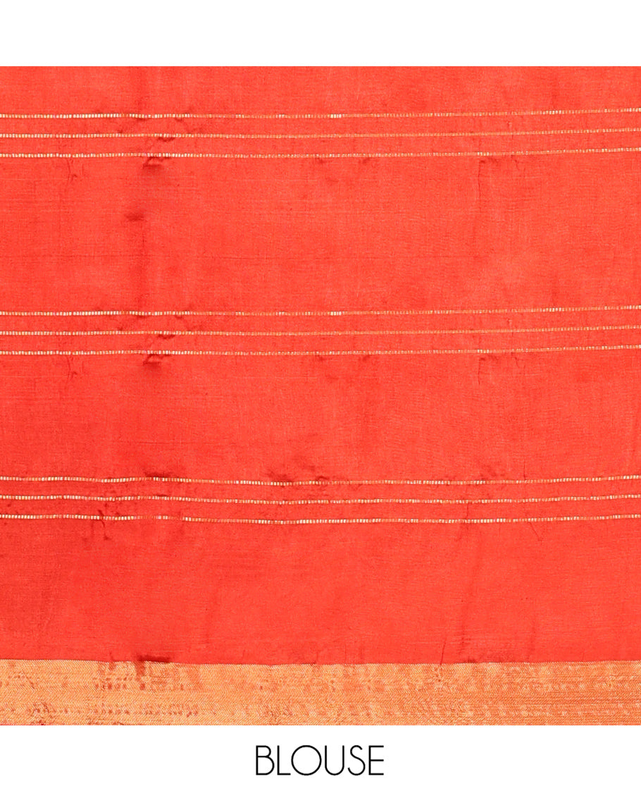 Orange Banana Pith Saree, Decked Up with Buttas and Stripes All Over Its Body, Highlighted by Self-Border, Pallu of Zari Stripes, and Paired with a Matching Blouse