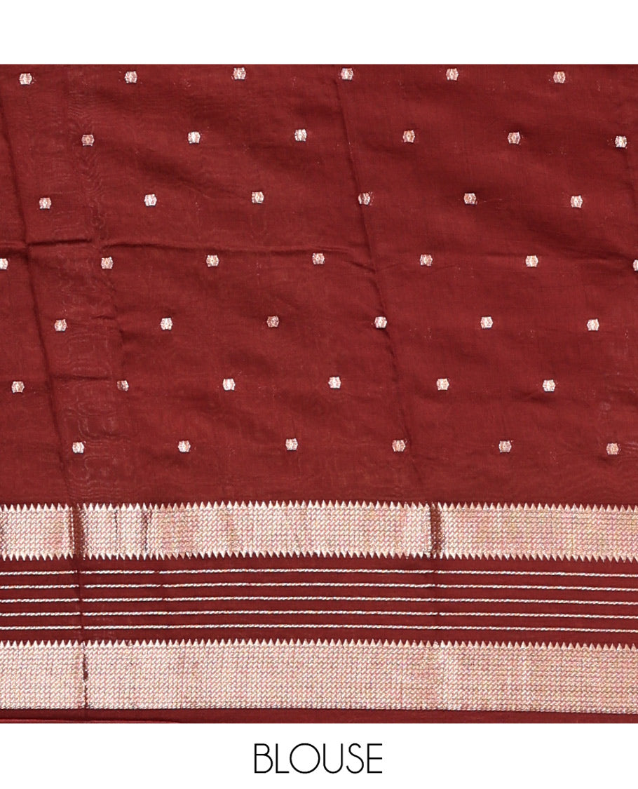 Peach Assam Silk Saree, Mesmerized with Zari Buttas, Complemented by Contrast Traditional Zari Border, Striped Pallu, and Contrast Blouse
