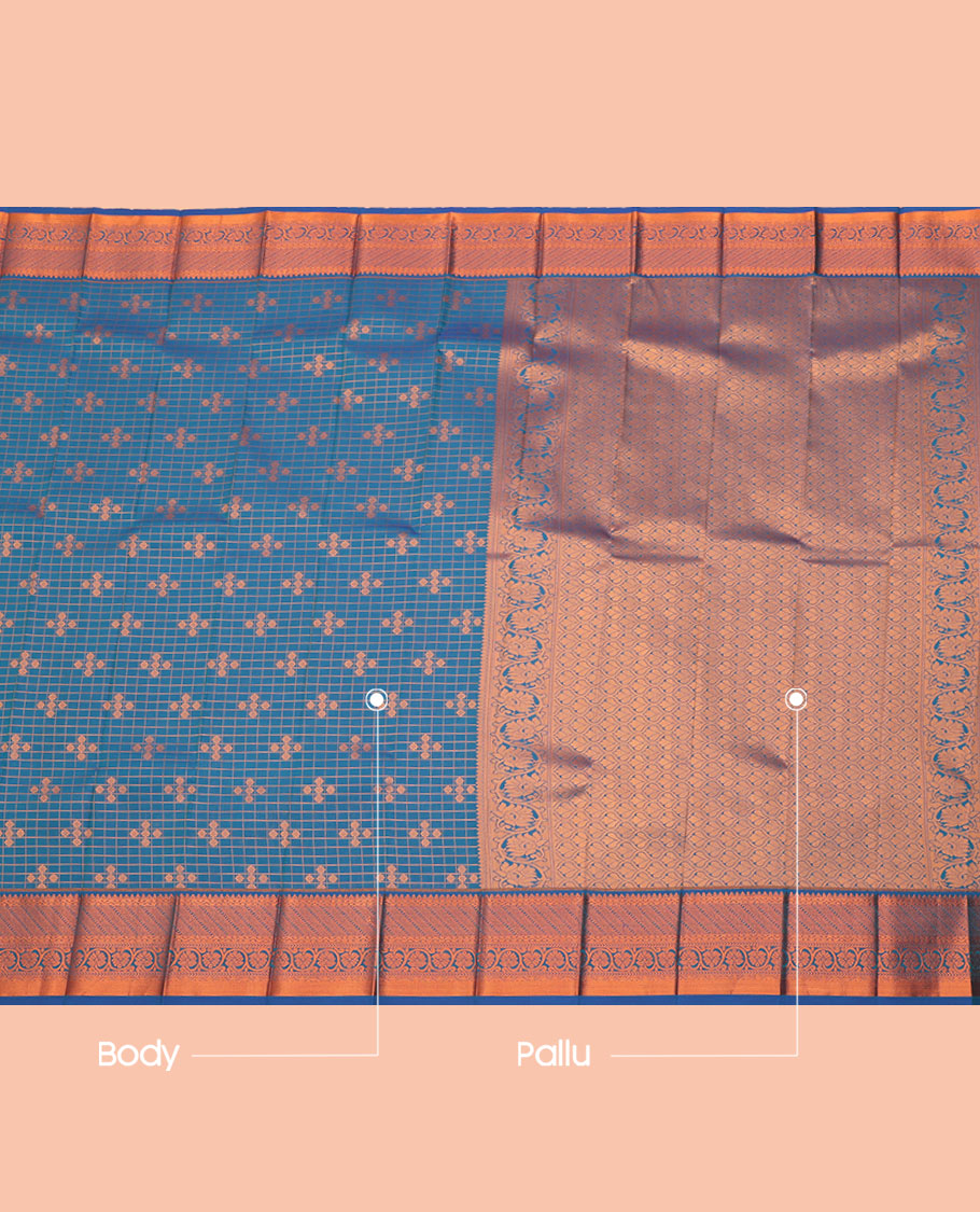 Blue Budget Silk Saree, Decked Up with Zari Buttas and Checks All Over Its Body, Highlighted by a Traditional Zari Design Border, Ogee-Patterned Pallu, and Paired with a Matching Blouse