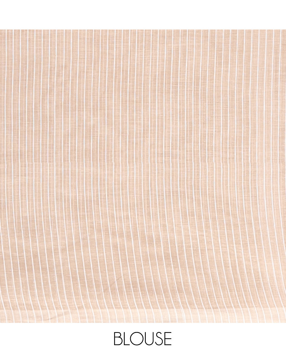 Pink Jute Cotton Saree, Sparsely Sparkled with Round Motifs and Stripes, Striped Pallu, and a Contrast Blouse