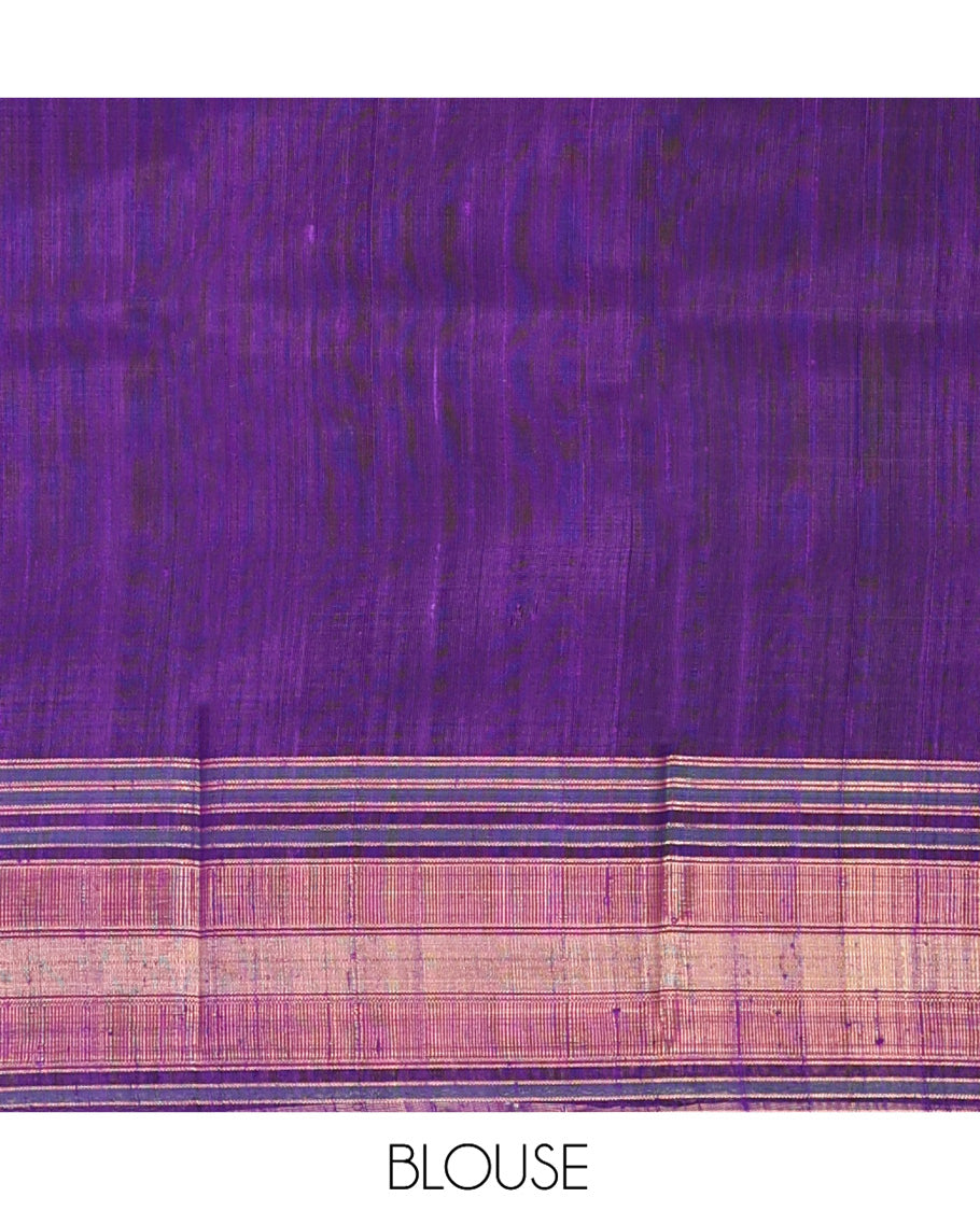 Mustard Plain Dupion Silk Saree, Complemented by a Contrast Temple Zari Border, Gleaming Striped Pallu, and a Contrast Blouse