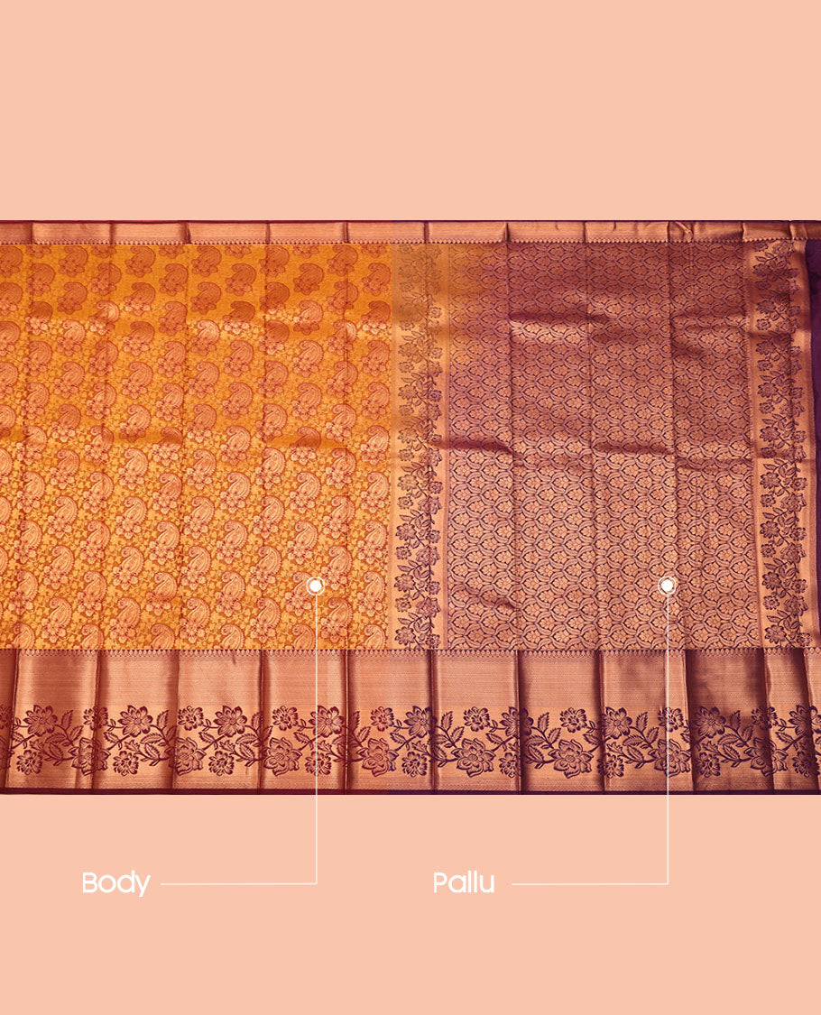 Orange Budget Silk Saree, Bedecked with Paisley Jacquard, Complemented by Contrast Traditional Zari Border, Intricate Pallu, and a Contrast Blouse