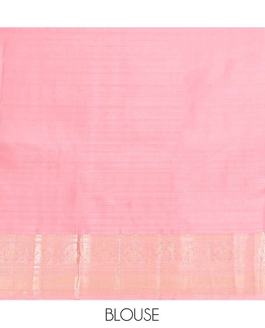 Light Maroon Vasundhara Silk Saree, Woven with Zari Buttas All Over Its Body, Complemented by a Contrast Border of Rekku, Muthu, Kili, Banaras, Neli, and Mayil Kann Designs, Grand Pallu, and Paired with a Contrast Blouse