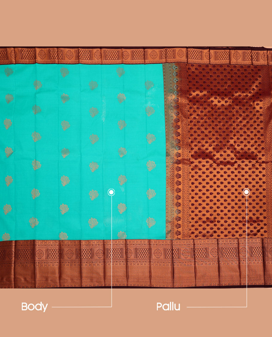 Blue Budget Silk Saree, Woven with Zari Buttas on Its Body, Complemented by a Contrast Traditional Zari Design Border, Grand Pallu, and Paired with a Contrast Blouse
