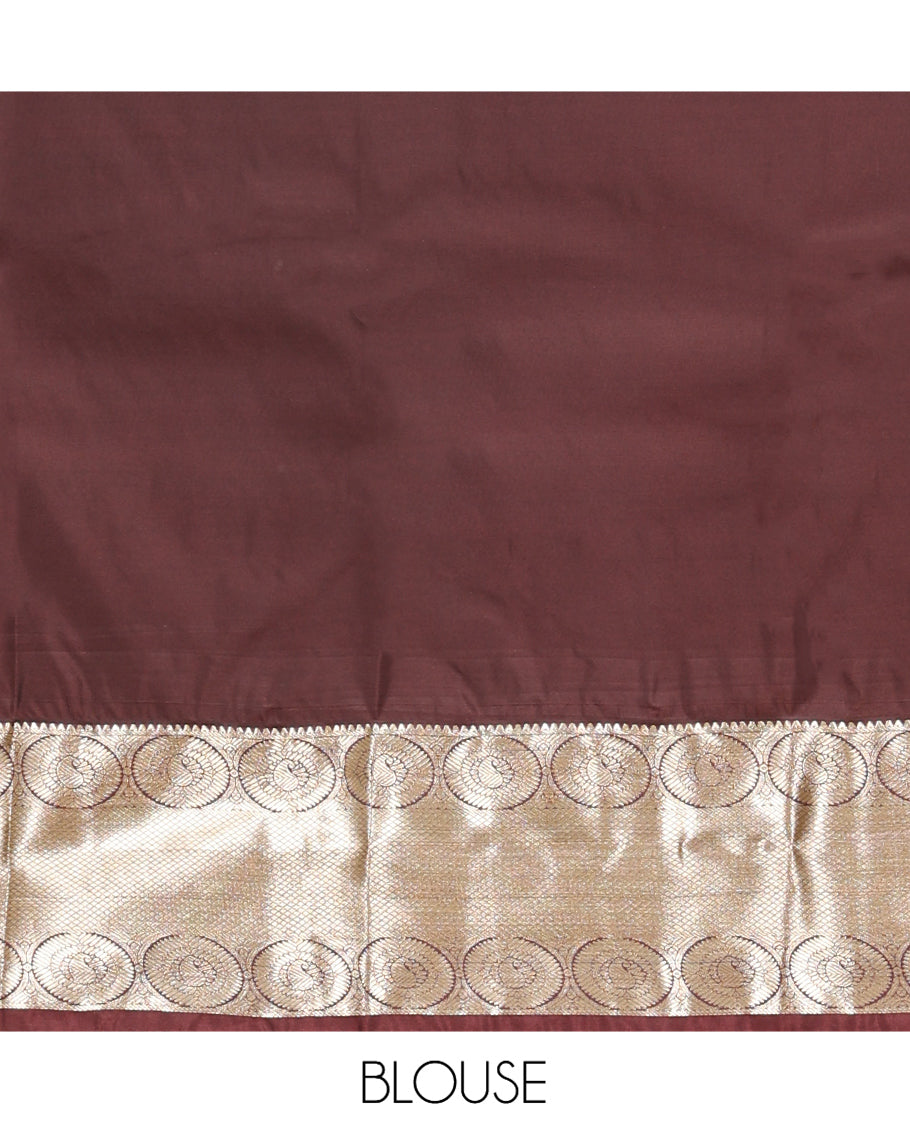 Sandal Budget Silk Saree, Sparsely Woven with Zari Designs, Complemented by a Contrast Traditional Zari Border, Grand Jaal Pallu, and Contrast Blouse