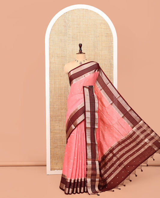 Peach Assam Silk Saree, Mesmerized with Zari Buttas, Complemented by Contrast Traditional Zari Border, Striped Pallu, and Contrast Blouse