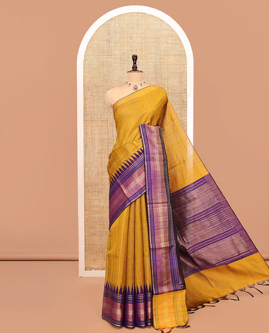 Mustard Plain Dupion Silk Saree, Complemented by a Contrast Temple Zari Border, Gleaming Striped Pallu, and a Contrast Blouse