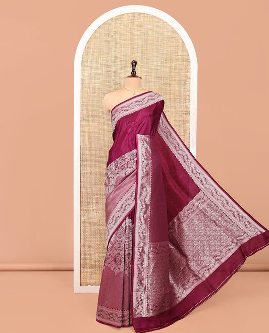 Purple Matka Silk Saree, Richly Detailed with Skirt-Border-Style Geometric Zari Patterns On Its Body, Highlighted by Zari Border, Grandly Zari Woven Pallu, and Paired with a Contrast Blouse