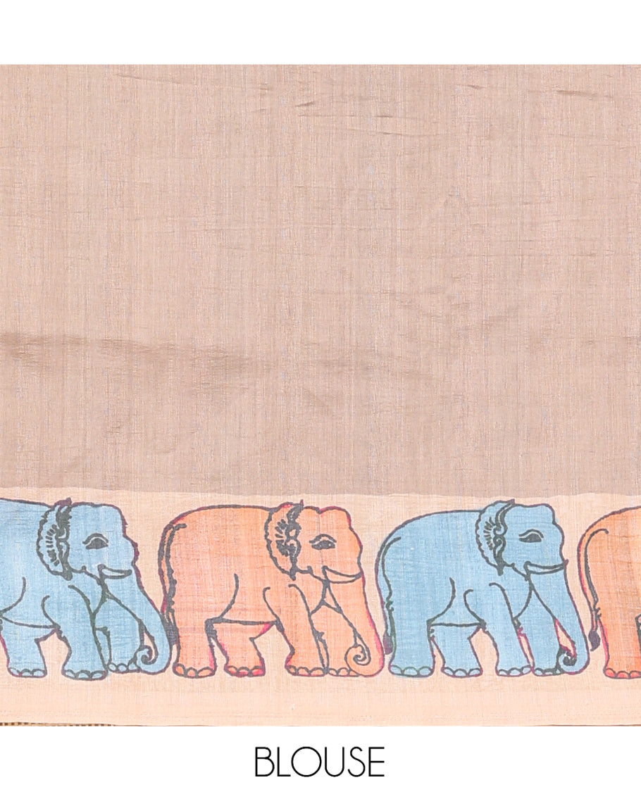 Pink Fancy Tussar Saree Features Kalamkari Floral and Animal Print, Contrast Elephant Border, Kalamkari Pallu, and a Contrast Blouse