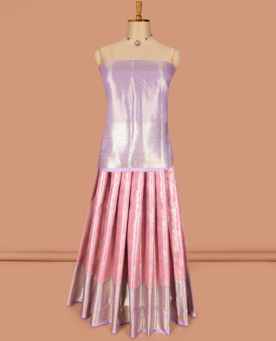 Pink Art Silk Material Half Saree Set Featuring Floral Jacquard Skirt, a Contrast Traditional Zari Design Border, a Zari-Jacquard Blouse, and a Dhavani Decorated with Zari Designs