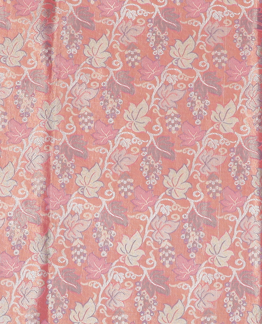 Pink Art Silk Material Half Saree Set Featuring Floral Jacquard Skirt, a Contrast Traditional Zari Design Border, a Zari-Jacquard Blouse, and a Dhavani Decorated with Zari Designs