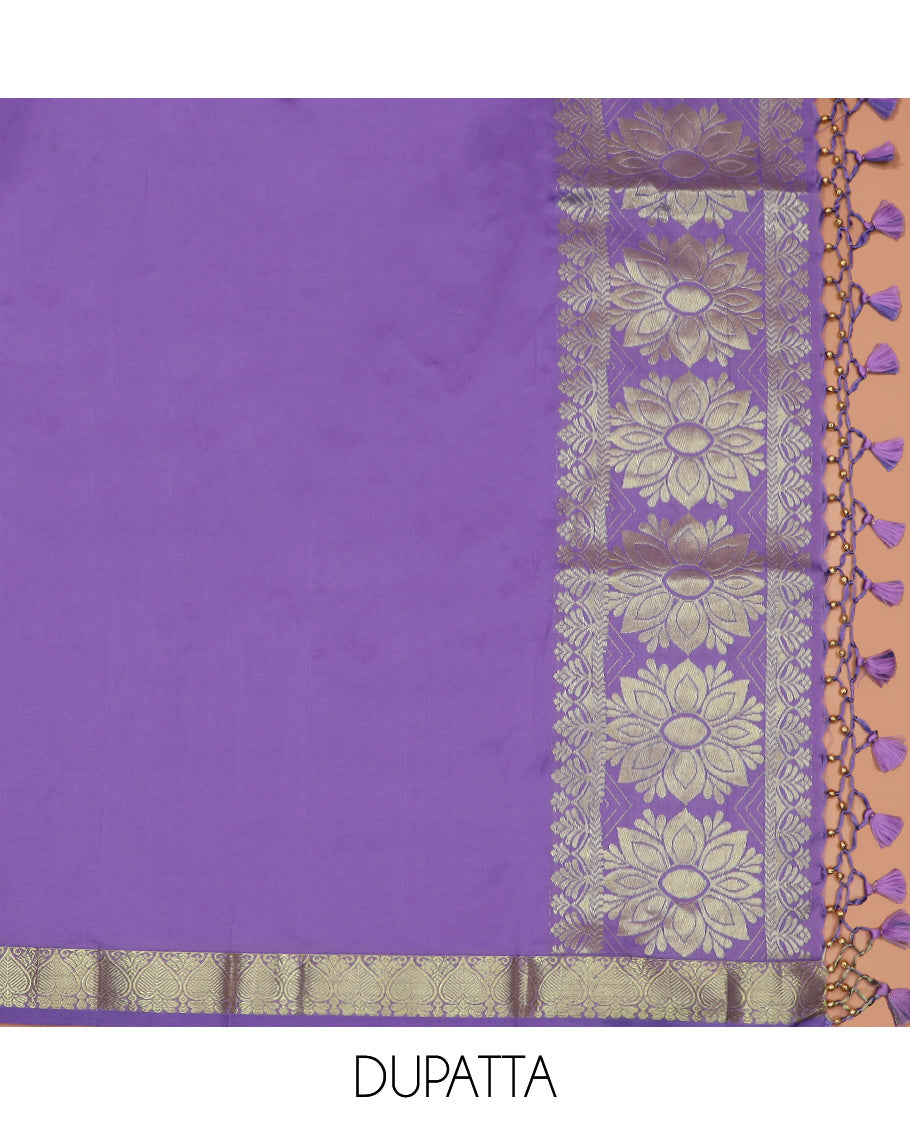 Pink Art Silk Material Half Saree Set Featuring Floral Jacquard Skirt, a Contrast Traditional Zari Design Border, a Zari-Jacquard Blouse, and a Dhavani Decorated with Zari Designs