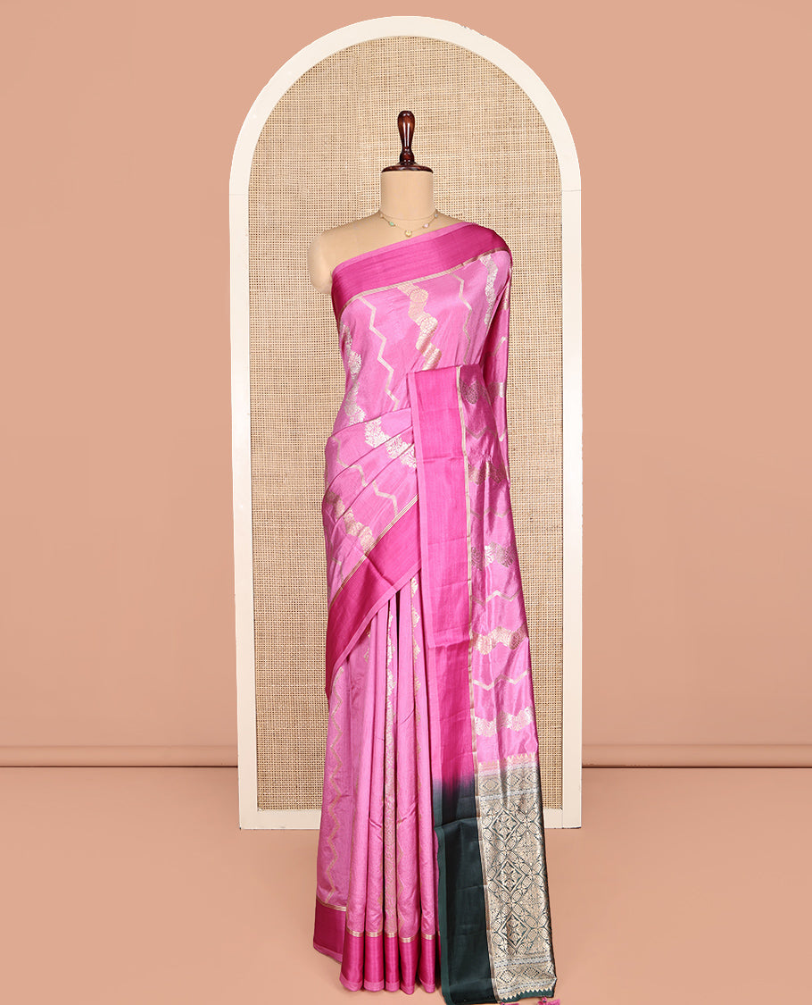 Pink Dupion Silk Saree, Richly Detailed with Floral Creeper and Chevron Stripes, Complemented by Contrast Border, Pallu of Jaal Design, and a Contrast Blouse
