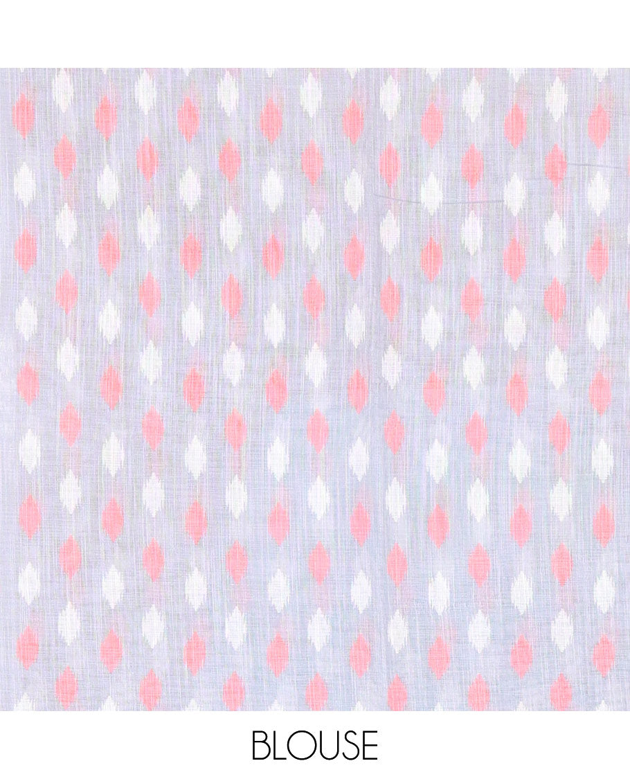 Borderless tomato pink ikkat jaal patterned linen cotton saree, contrast ikkat jaal patterned pallu and ikkat buttas blouse