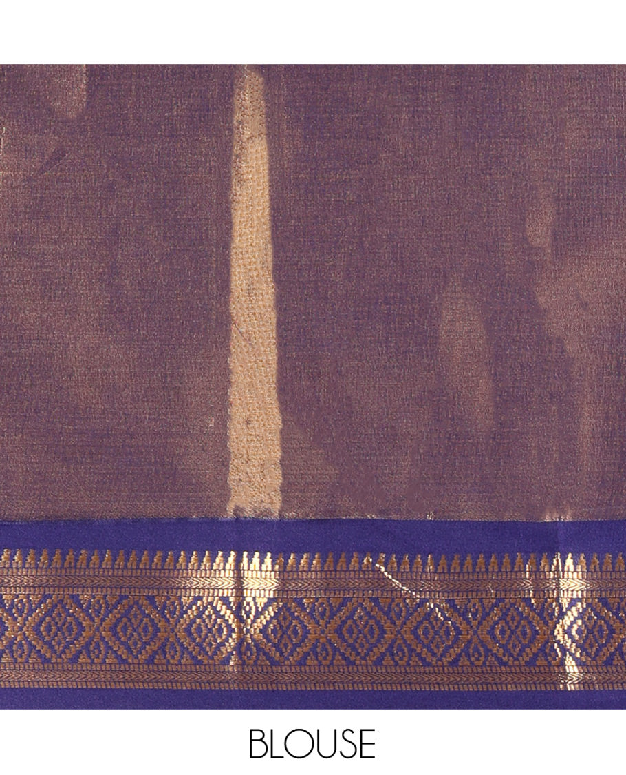Rust Orange Plain Tissue Cotton Saree, Contrast Traditional Border, Striped Pallu, and Contrast Blouse