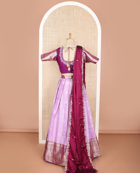 Lavender checked, floral art silk half saree with contrast zari design border, embroidered blouse & floral embroidery dhavani