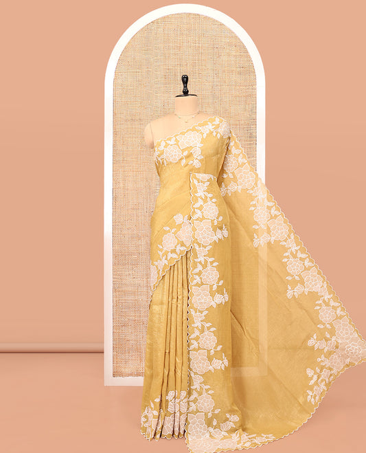 Mustard Plain Organza Saree, Enthralled with Scallop Floral Embroidery Border, and Matching Blouse