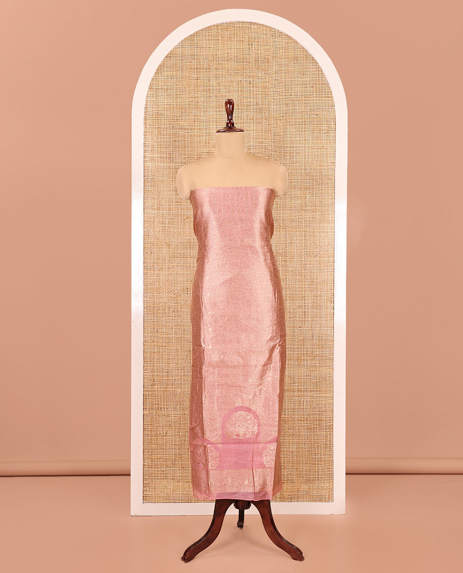 Onion Pink Banarasi Material Chudidar Features Jacquard Top, a Matching Santoon Bottom, and an Intricately Designed Dupatta
