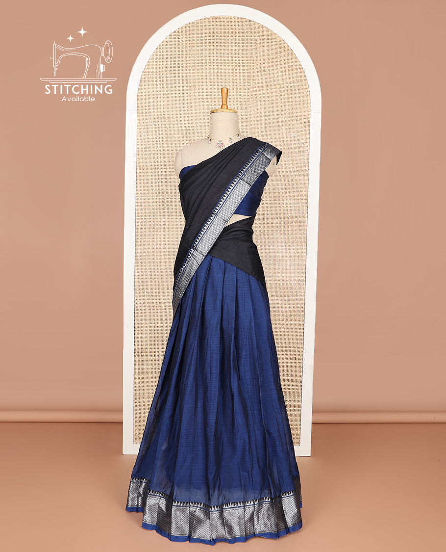 Dark blue cotton half saree with contrast zari design border, zari design blouse & plain, zari design border dhavani