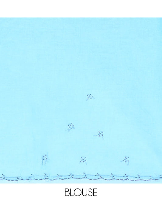 Blue floral embroidery lucknowi chikankari cotton saree,self-border & pallu of floral & paisley embroidery