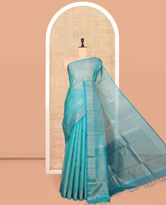 Blue Silk Cotton Saree, Woven with Floral Buttas, Highlighted by Self-Striped Border, Pallu of Floral Designs, and a Matching Blouse