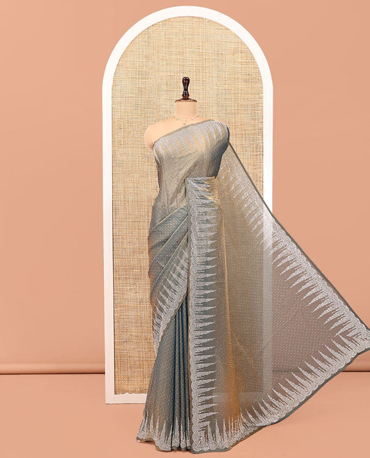 Grey Designer Saree, Steeped with Gleaming Stone Work All Over Its Body, Temple Stone Embroidered Border and Paired with a Matching Blouse