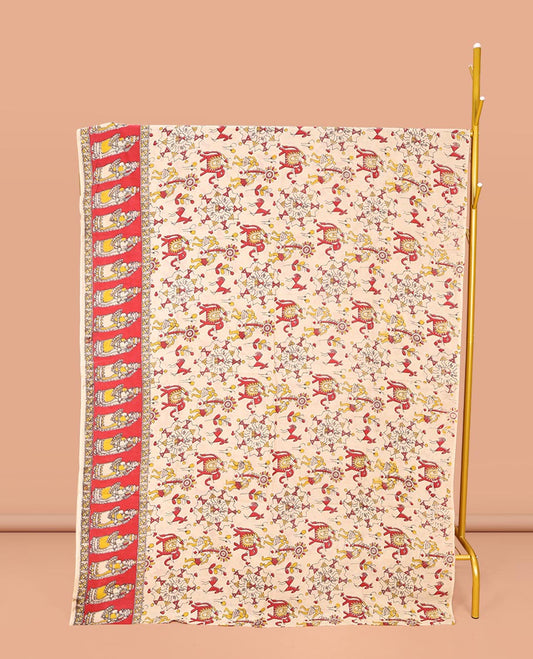 Light Cream Machine-Printed Kalamkari Cotton Saree, Artfully Printed with Warli-Motifs on Its Body, Complemented by a Contrast Human Motifs Printed Border, Pallu of Lord Radha Krishnan Print, and Paired with a Printed Blouse