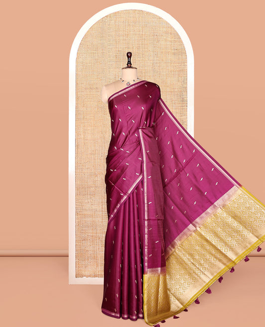 Purple Satin Silk Saree, Enriched with Buttas, a Subtle Piping Border, Complemented by a Contrast Intricately Designed Pallu, and a Contrast Blouse