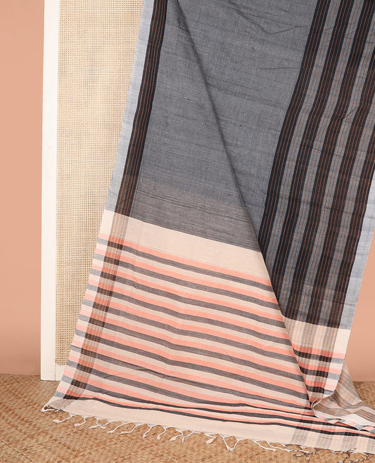 Grey Checked Mangalagiri Cotton Saree Complemented by a Contrast Border of Stripes, and Contrast Pallu
