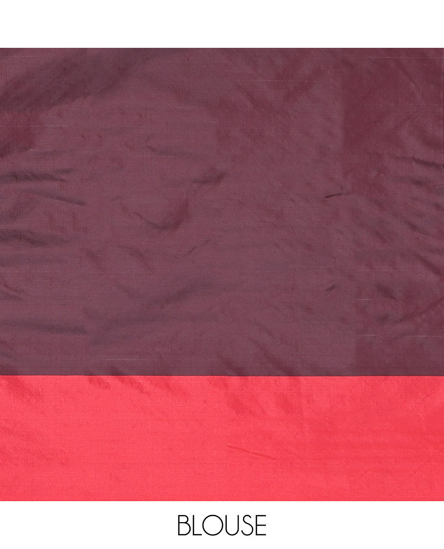 Maroon Aarani Gift Saree, Elevated with Checks on Its Body, Complemented by a Contrast Zari Striped Border, a Pallu of Zari Designs, and Paired with a Matching Blouse
