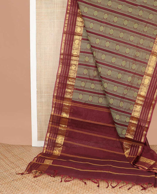 Maroon geometric design kanchi cotton saree with contrast zari design border & striped pallu