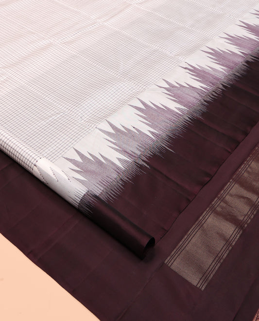 White Checked Kanchipuram Silk Saree, a Contrast Thazampoo Rekku Border, Zari-Woven Pallu, and a Contrast Blouse