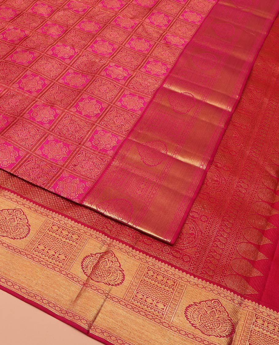 Pink Kanchipuram Wedding Silk Saree, Meticulously Crafted with Jacquard Design On Its Body, Complemented by Contrast Border of Traditional Zari Designs, Grand Jaal Pallu and Paired with a Matching Blouse