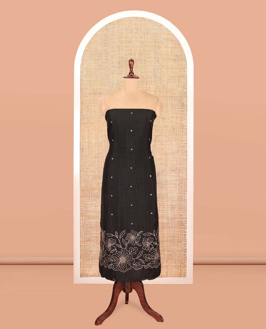 Black Semi-Silk Material Churidar Set, Floral Embroidered Top, a Matching Bottom, and a Scallop Foil Printed Dupatta
