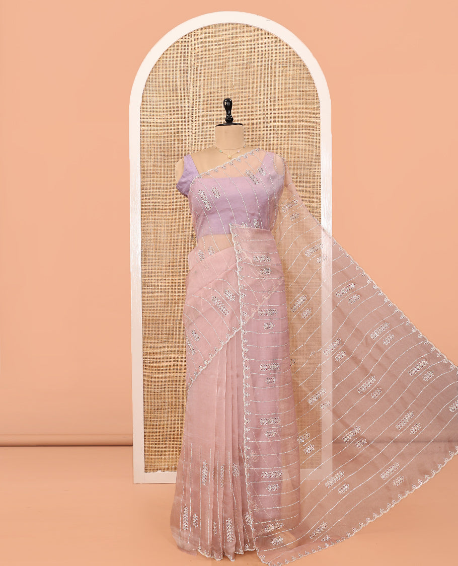 Peach Swarovski and Meena Stonework Organza Designer Saree with Scallop Border, Matching Blouse
