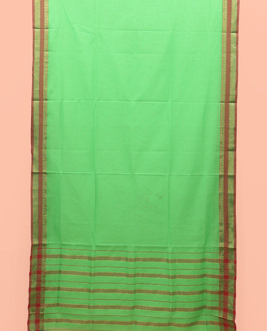 Green Plain Nine-Yard Cotton Saree, Complemented  by a Contrast Temple Traditional Design Border, Striped Pallu, and Comes Without a Blouse