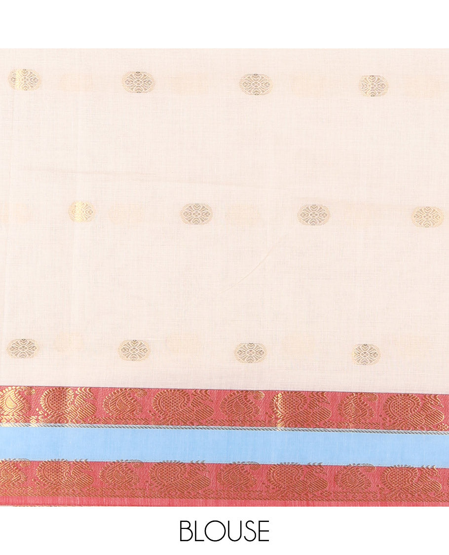 Cream Kerala Cotton Saree, Bedecked with Zari Buttas, Contrast Peacock-Paisley Border, a Matching Blouse