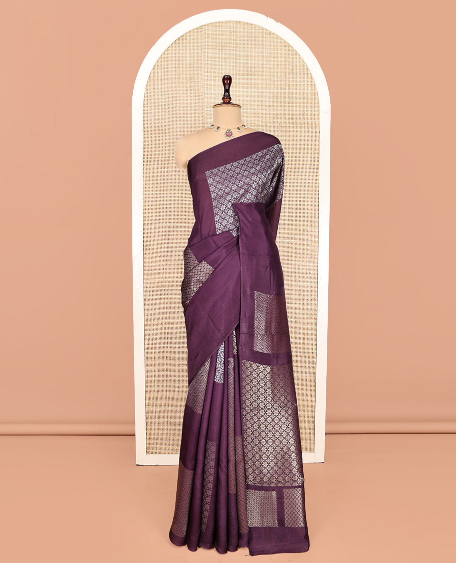 Borderless Purple Chanderi Cotton Saree, Steeped in the Richness of Zari Big Square Buttas All Over Its Body, Highlighted by Geometric Patterned Pallu and Paired with a Matching Brocade Blouse