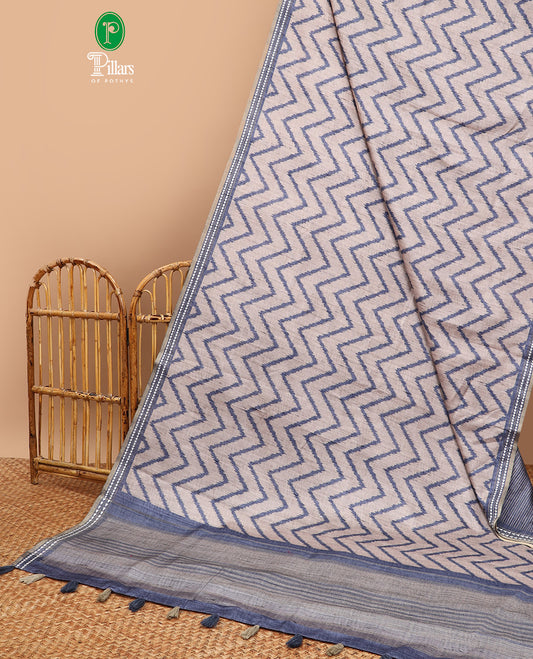 Crean zig zag digital printed semi tussar saree with arrow design border & kicha design pallu along with contrast lining blouse