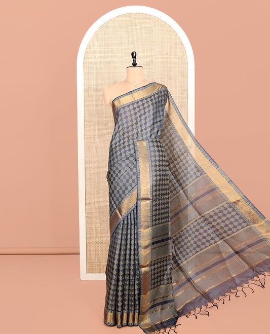 Grey Tussar Silk Saree, Subtly Steeped with Buttas, a Subtle Zari Border, Pallu Features Stripes and Buttas, and a Matching Blouse