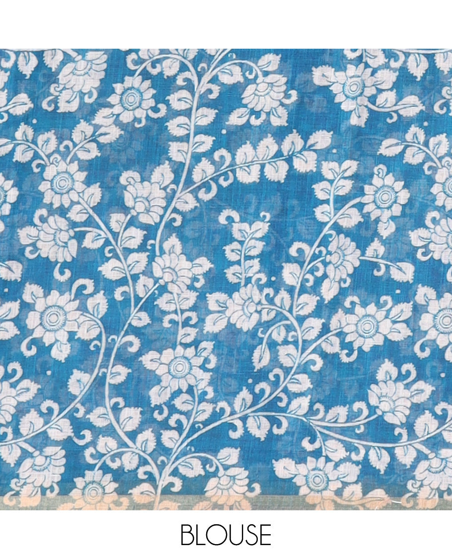 Onion Pink Linen Cotton Saree Features Kalamkari-Style Human Motifs Print, a Piping Border, Contrast Printed Pallu, and Contrast Blouse